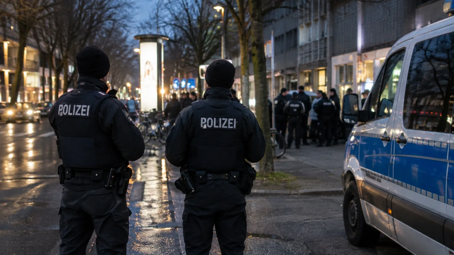 Zwei Personen in dunklen Uniformjacken stehen neben einem blau-weißen Fahrzeug auf einer belebten Straße bei Dunkelheit.